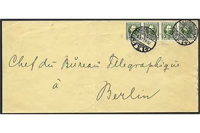 5 øre grøn Fr. VIII, 4 stribe, på brev fra København d. 271.1912 til Berlin, Tyskland.