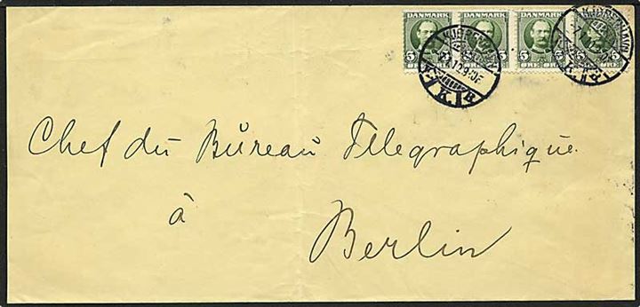 5 øre grøn Fr. VIII, 4 stribe, på brev fra København d. 271.1912 til Berlin, Tyskland.