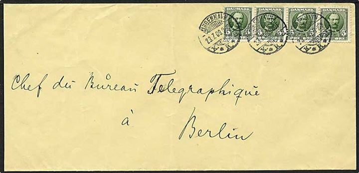 5 øre grøn Fr. VIII, 4 stribe, på brev fra København d. 23.7.1909 til Berlin, Tyskland.