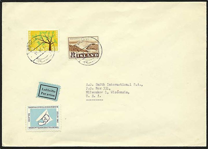15,50 kr. porto på luftpost brev fra Reykjavik, Island, d. 11.12.1967 til Milwaukee, USA.