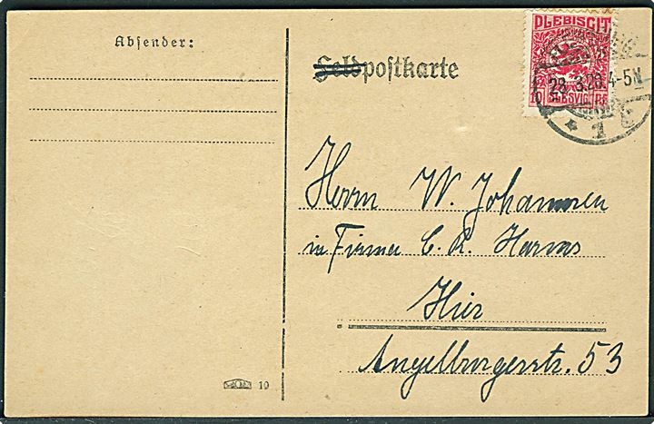 10 pfg. Fælles udg. på Feldpostkarte sendt lokalt i Flensburg d. 28.3.1920.