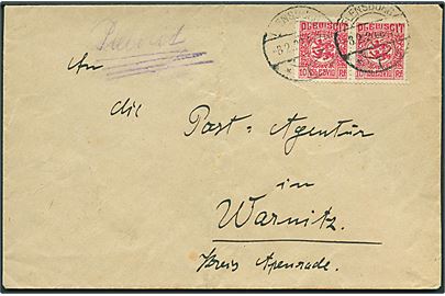10 pfg. Fælles udg. i parstykke på brev fra Flensburg 1 d. 8.2.1920 til Warnitz pr. Apenrade.