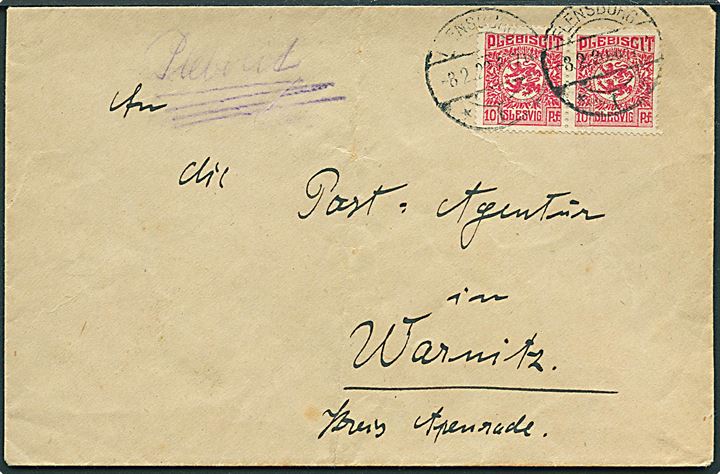 10 pfg. Fælles udg. i parstykke på brev fra Flensburg 1 d. 8.2.1920 til Warnitz pr. Apenrade.