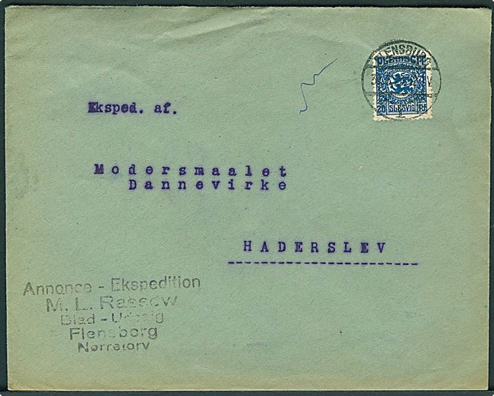 20 pfg. Fælles udg. på brev fra Flensburg d. 30.3.1920 til Modersmaalet Dannevirke i Haderslev.