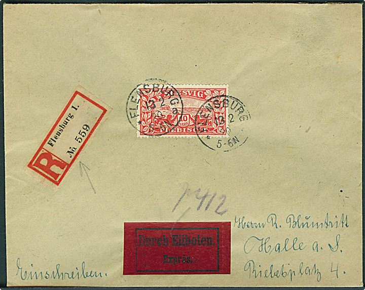 10 mk. Fælles udg. på overfrankeret filatelistisk anbefalet ekspresbrev fra Flensburg d. 13.2.1920 til Halle, Tyskland.
