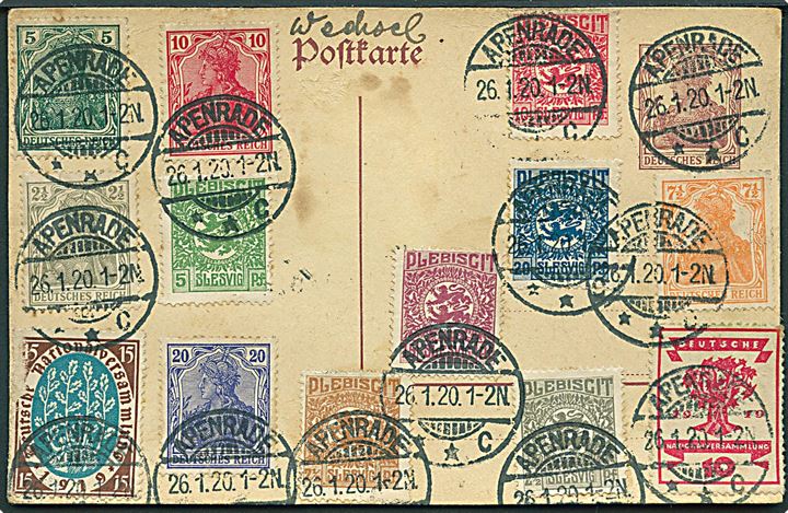 Tysk 15 pfg. Germania helsagsbrevkort påskrevet Wechel-postkarte med forskellige tyske Germania og Weimar udg. og Slesvig Fælles udg. stemplet Apenrade d. 26.1.1920.