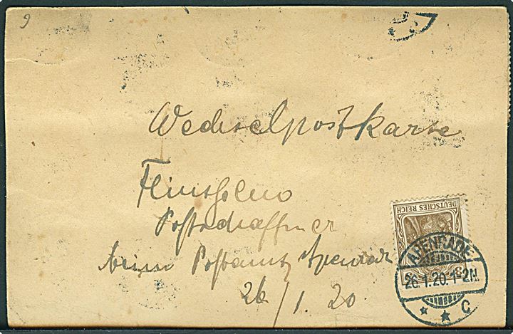 Tysk 15 pfg. Germania helsagsbrevkort påskrevet Wechel-postkarte med forskellige tyske Germania og Weimar udg. og Slesvig Fælles udg. stemplet Apenrade d. 26.1.1920.