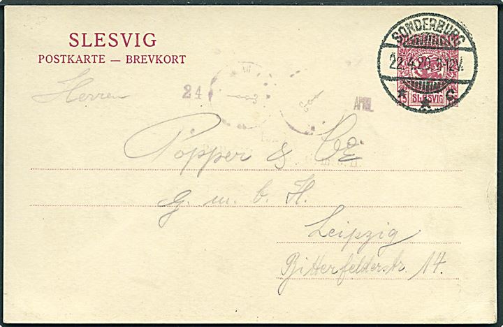 15 pfg. Fælles udg. helsagsbrevkort stemplet Sonderburg **c d. 22.4.1920 til Leipzig, Tyskland.