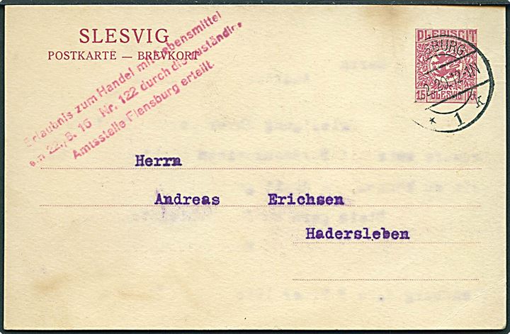 15 pfg. Fælles udg. helsagsbrevkort fra Flensburg 1 d. 20.2.1920 til Haderslev.