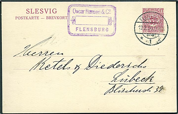 15 pfg. Fælles udg. helsagsbrevkort fra Flensburg d. 12.2.1920 til Lübeck, Tyskland.