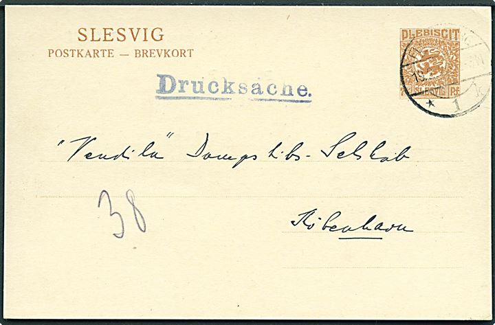 7½ pfg. Fælles udg. helsagsbrevkort sendt som tryksag fra Flensburg d. 19.2.1920 til København, Danmark.