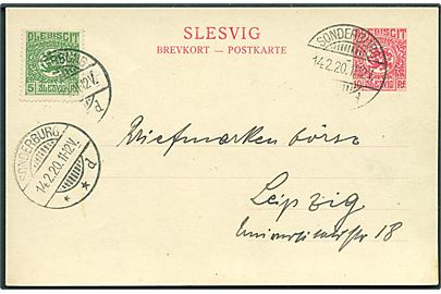 10 pfg. Fælles udg. helsagsbrevkort opfrankeret med 5 pfg. Fælles udg. annulleret Sonderburg **d d. 14.2.1920 til Leipzig, Tyskland.