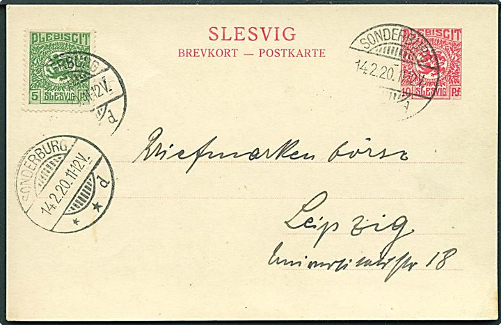 10 pfg. Fælles udg. helsagsbrevkort opfrankeret med 5 pfg. Fælles udg. annulleret Sonderburg **d d. 14.2.1920 til Leipzig, Tyskland.
