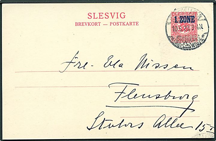 10 øre 1. Zone helsagsbrevkort stemplet Hadersleben *(Schleswig)1* d. 10.5.1920 til Flensburg.
