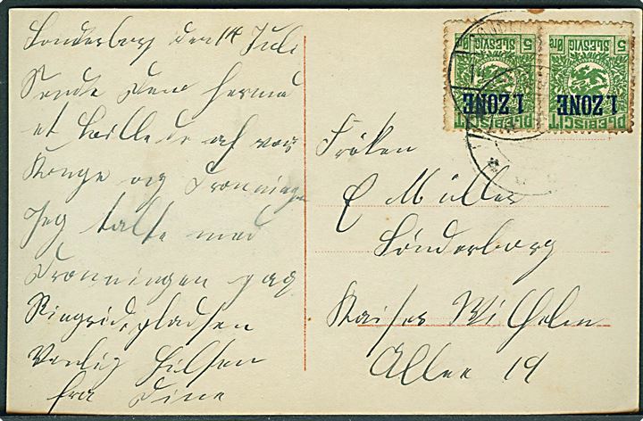 5 øre 1. Zone i parstykke på lokalt brevkort (Kongeparret) i Sønderborg d. 14.7.1920. 