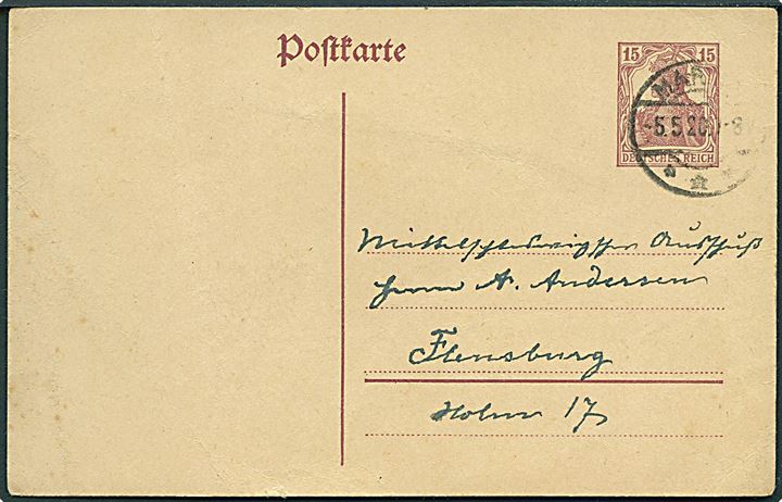 15 pfg. Germania helsagsbrevkort fra Marne d. 5.5.1920 til Flensburg i afstemningsperioden.