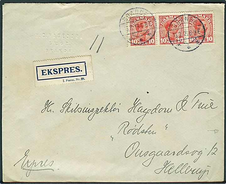 10 øre Chr. X i vandret 3-stribe på ekspresbrev fra Brande d. 15.3.1919 til Hellerup. Bagklap mgl.
