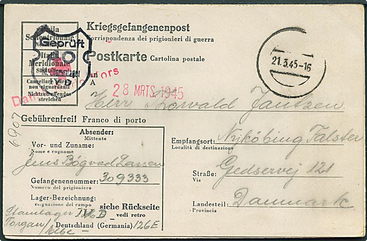 Ufrankeret krigsfange dobbelt brevkort med stumt stempel d. 21.3.1945 via Dansk Røde Kors d. 258.3.1945 til Nykøbing F. Fra dansk politimand Jens Bøgvad Larsen i Stalag IVD Torgau. Sort lejrcensur.