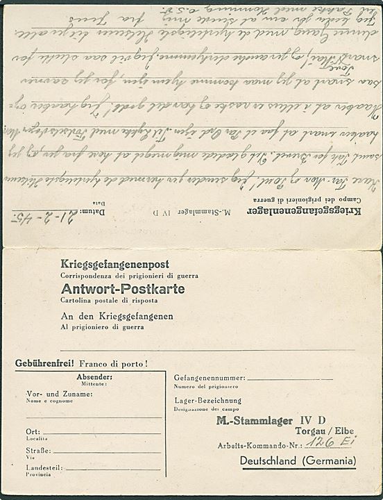 Ufrankeret krigsfange dobbelt brevkort med stumt stempel d. 21.3.1945 via Dansk Røde Kors d. 258.3.1945 til Nykøbing F. Fra dansk politimand Jens Bøgvad Larsen i Stalag IVD Torgau. Sort lejrcensur.