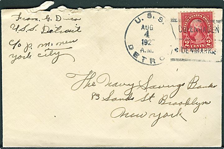 Amerikansk 2 cenbts Washington på brev annulleret med skibsstempel U.S.S. Detroit / Copenhagen Denmark d. 4.8.1927 til Brooklyn, USA. Sendt fra amerikansk krydser under flådebesøg i København.