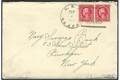 Amerikansk 2 cents Washington i parstykke på brev annulleret med skibsstempel U.S.S. Memphis / Copenhagen Denmark d. 3.9.1926 til Brooklyn, USA. Sendt fra amerikansk krydser under flådebesøg i København.