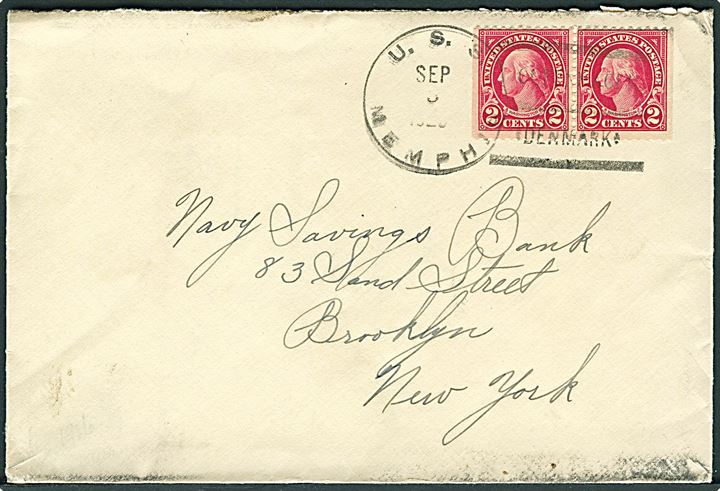 Amerikansk 2 cents Washington i parstykke på brev annulleret med skibsstempel U.S.S. Memphis / Copenhagen Denmark d. 3.9.1926 til Brooklyn, USA. Sendt fra amerikansk krydser under flådebesøg i København.