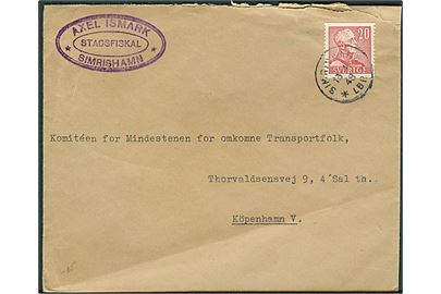 20 öre Gustaf på brev fra Simrishamn d. 13.4.1948 til Komiteen for Mindestenen for omkomne Transportfolk i København. 