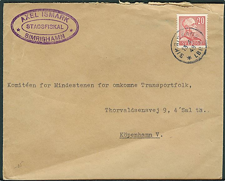 20 öre Gustaf på brev fra Simrishamn d. 13.4.1948 til Komiteen for Mindestenen for omkomne Transportfolk i København. 