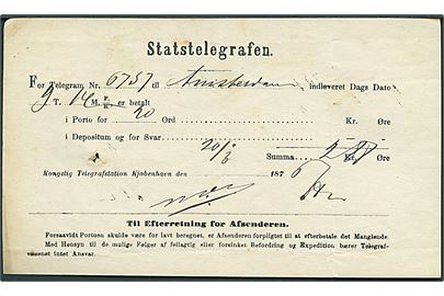 Statstelegrafen. Fortrykt kvittering for afsendelse af telegram fra Kongelige Telegrafstation i Kjøbenhavn d. 30.3.1875 til Amsterdam, Holland. 