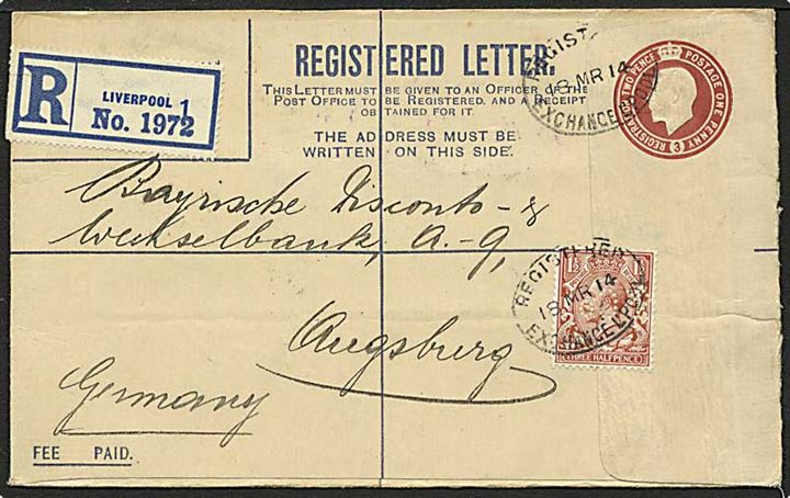 Rec. brev fra Liverpool, England d. 18.3.1914 til Augsburg, Tyskland. Mærket med perfin.