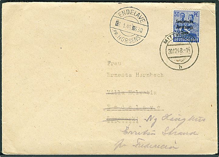 50 pfg. SBZ provisorium på brev fra Mittweida d. 20.12.1948 til Endelave - eftersendt til Erritsø Strand pr. Fredericia med pr.-stempel Endelave pr. Horsens d. 7.1.1949.
