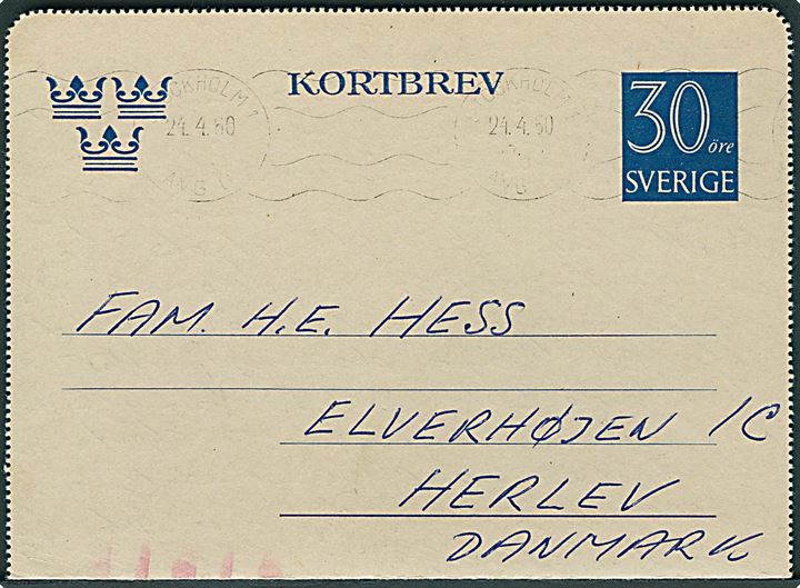 30 öre helsags korrespondancekort fra Stockholm d. 24.4.1960 til Herlev, Danmark. Røde ombæringskontrol streger.