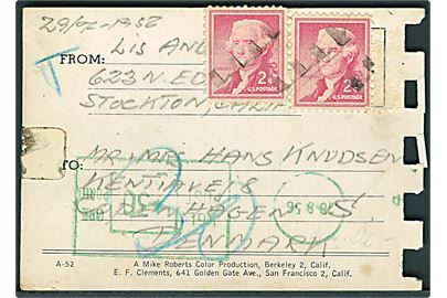 Ameriksnak 2 cents (2) på underfrankeret brevkort fra Stockton 1956 til København, Danmark. 30 øre grønt porto-maskinstempel 