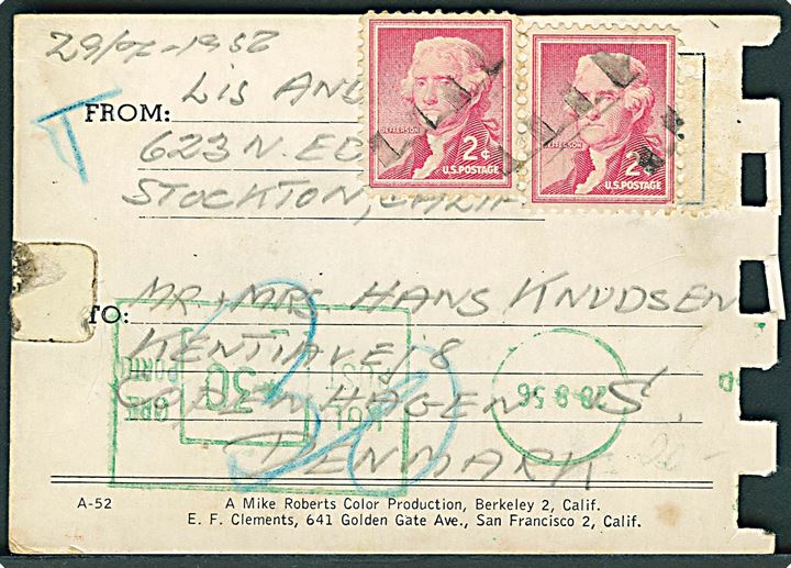 Ameriksnak 2 cents (2) på underfrankeret brevkort fra Stockton 1956 til København, Danmark. 30 øre grønt porto-maskinstempel 