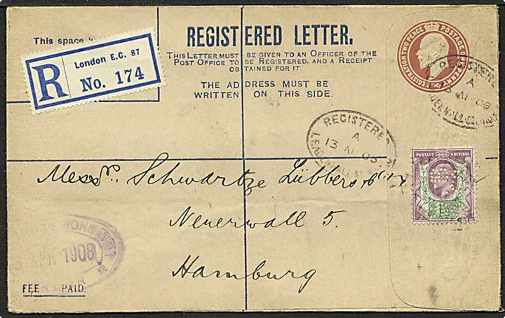 Rec. brev fra London, England, d. 13.4.1905 til Hamburg, Tyskland. Mærket med perfin.