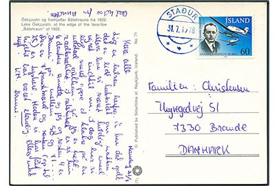 60 kr. Indenrigsflyvning 60 år på brevkort annulleret med blåt stempel Stadur d. 31.7.1978 til Brande, Danmark.