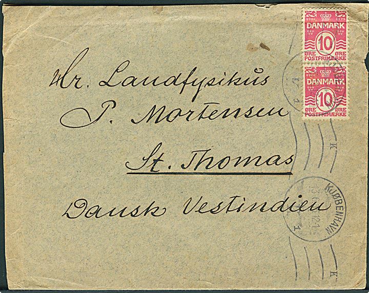 10 øre Bølgelinie i parstykke på brev fra Kjøbenhavn d. 13.6.1916 til St. Thomas, Dansk Vestindien. Ank.stemplet St. Thomas d. 28.7.1916.