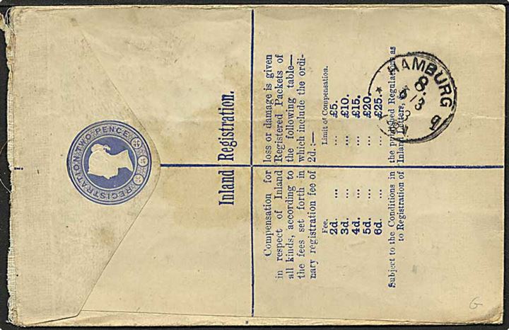 Rec. brev fra England d. 4.3.1893 til Hamburg, Tyskland.. Mærkerne med perfin.