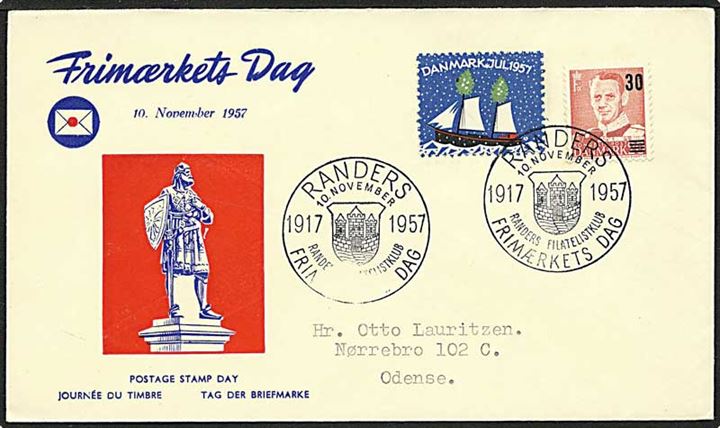 30/20 øre rød Fr. IX samt julemærke 1957 på brev fra Randers d. 10.11.1957 til Odense.