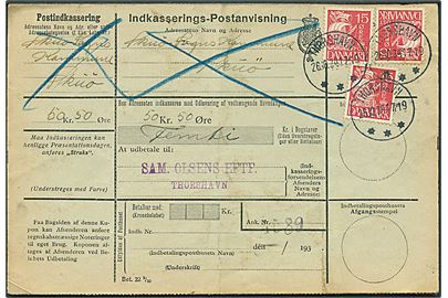 15 øre Karavel (3) på retur Indkasserings-Postanvisning annulleret med brtotype IIIc Thorshavn d. 26.10.1934 til Skuø.