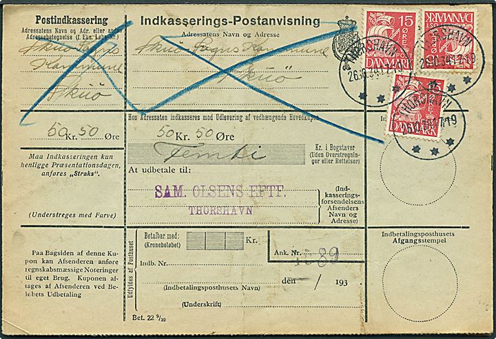15 øre Karavel (3) på retur Indkasserings-Postanvisning annulleret med brtotype IIIc Thorshavn d. 26.10.1934 til Skuø.