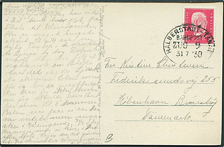 15 pfg. Hindenburg på brevkort annulleret med bureaustempel Halberstadt - Tanne Zug 9 d. 31.7.1930 til København, Danmark.