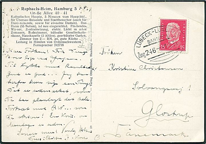 15 pfg. Hindenburg på brevkort annulleret med bureaustempel Lübeck - Lüneburg Zug 246 d. 8.8.1934 til Glostrup, Danmark.