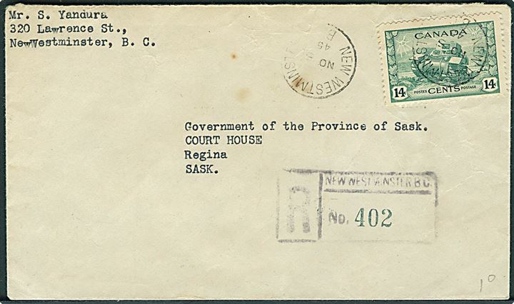 14 cents Tank single på anbefalet brev fra New Westminster d. 5.11.1945 til Regina.