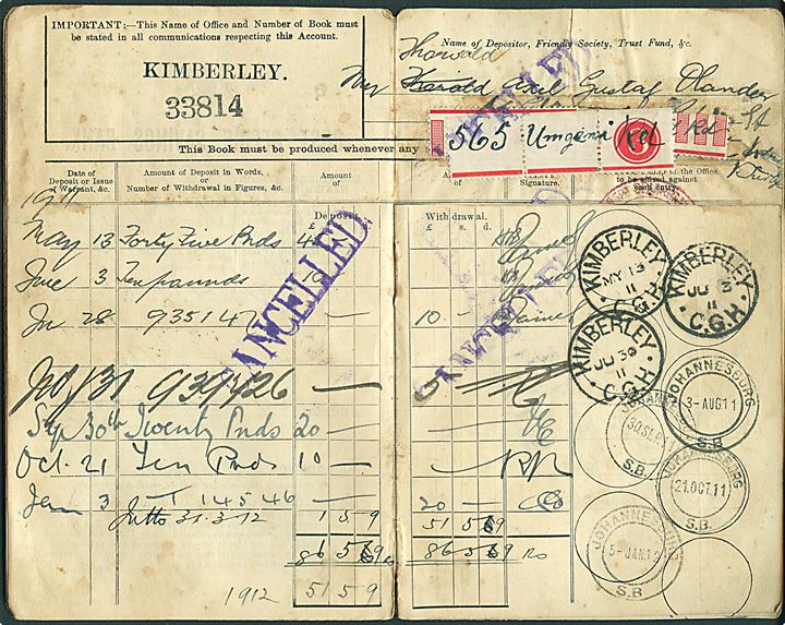 Post Office Savings Bank bog fra Kimberley med diverse stempler fra bl.a. Kimberley C.G.H., Johannesburg, Durban, Capetown og Wynberg Cape i perioden 1911-1917.