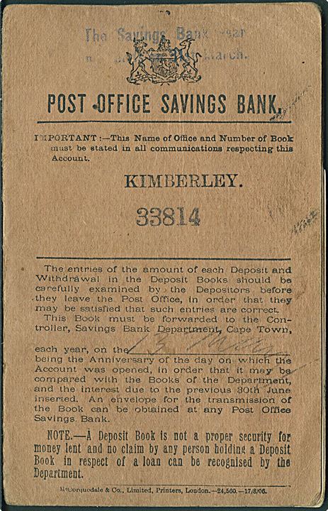 Post Office Savings Bank bog fra Kimberley med diverse stempler fra bl.a. Kimberley C.G.H., Johannesburg, Durban, Capetown og Wynberg Cape i perioden 1911-1917.