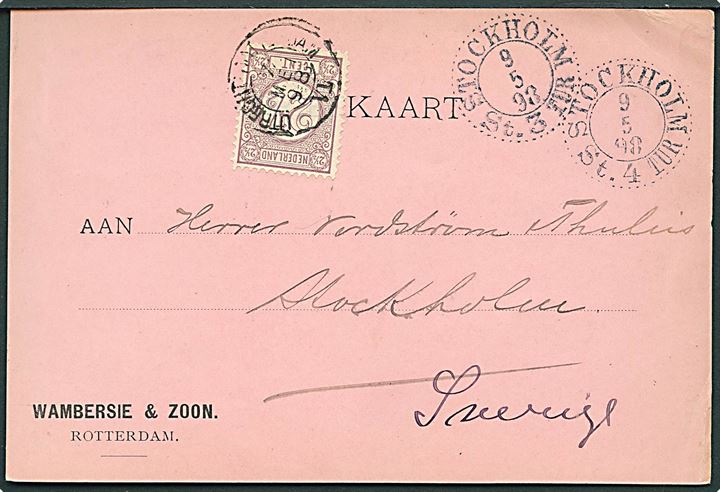 2½ c. Ciffer single på brevkort stemplet Utrecht-Rotterdam d. 7.5.1898 til Stockholm, Sverige.