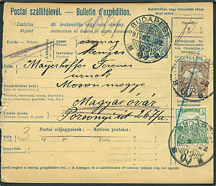 75 f. på 10 f. adressekort for pakke fra Budapest d. 22.5.1917 til Magyar ovar 