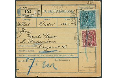 10 h. og 2 kr. Våben på adressekort for pakke fra Wien d. 14.5.1917 til Magyar ovar, Ungarn.