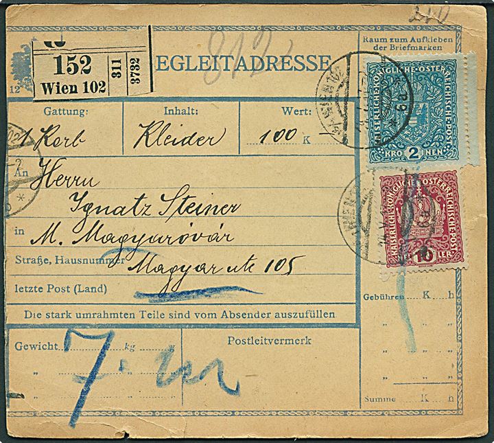 10 h. og 2 kr. Våben på adressekort for pakke fra Wien d. 14.5.1917 til Magyar ovar, Ungarn.